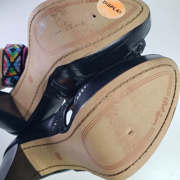 Elliot Lucca Bernadette Woven Leather T-Strap Heel 7.5 Black Sandal Ankle Buckle - Picture 10 of 13